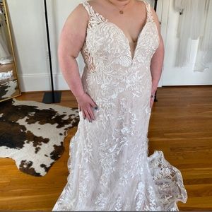 Blush with white lace wedding gown